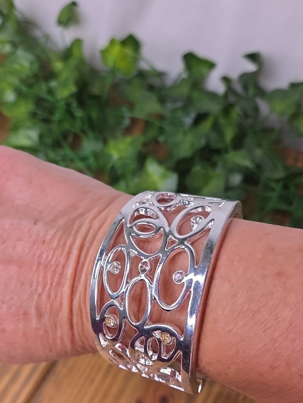 Vintage Silver Filigree Crystal Accent Cuff Bracelet. Like New